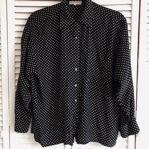 Off White Polka Dot Black Button Down Silk Shirt Long Sleeves Blouse Tunic S / M